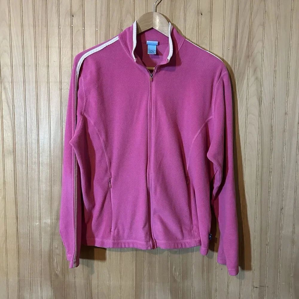 LL Bean Fleece Jacket Zip Up Pocket Pink White Trim Women’s XL Outdoors